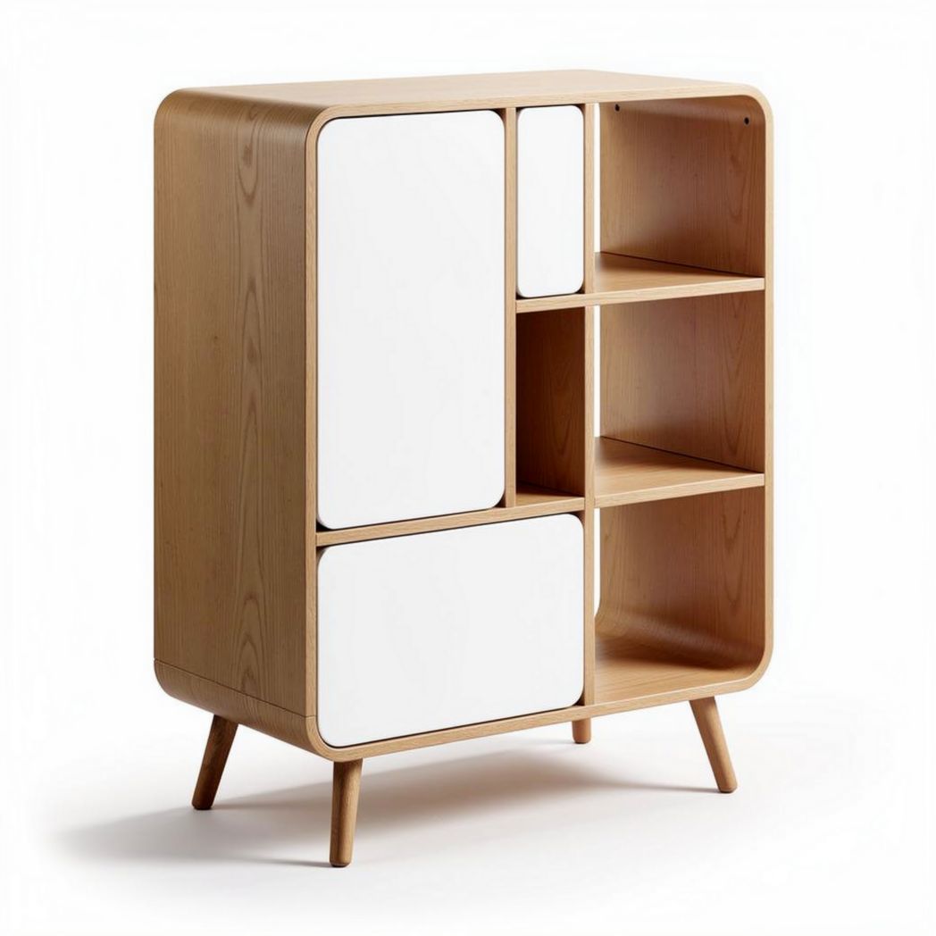 Modern wooden storage cabinet with white doors and open shelving 80 x 40 x 100cm