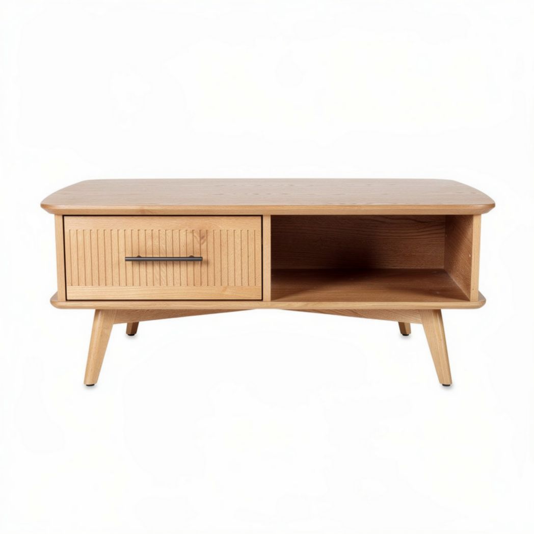 Wooden coffee table with drawer and open shelf 120 x 60 x 45cm natural finish