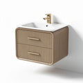 Wall-mounted bathroom vanity with ceramic sink and two storage drawers 60 x 45 x 50cm in natural wood finish
