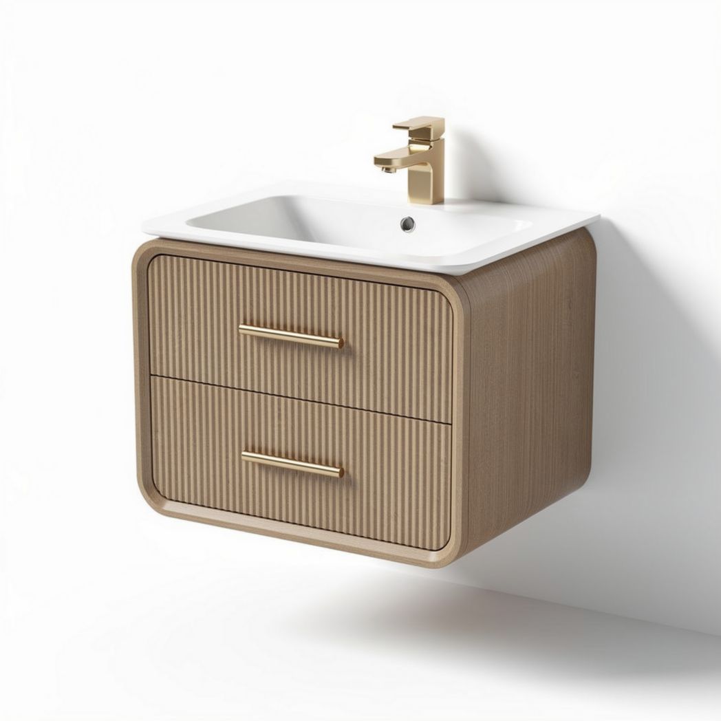 Wall-mounted bathroom vanity with ceramic sink and two storage drawers 60 x 45 x 50cm in natural wood finish