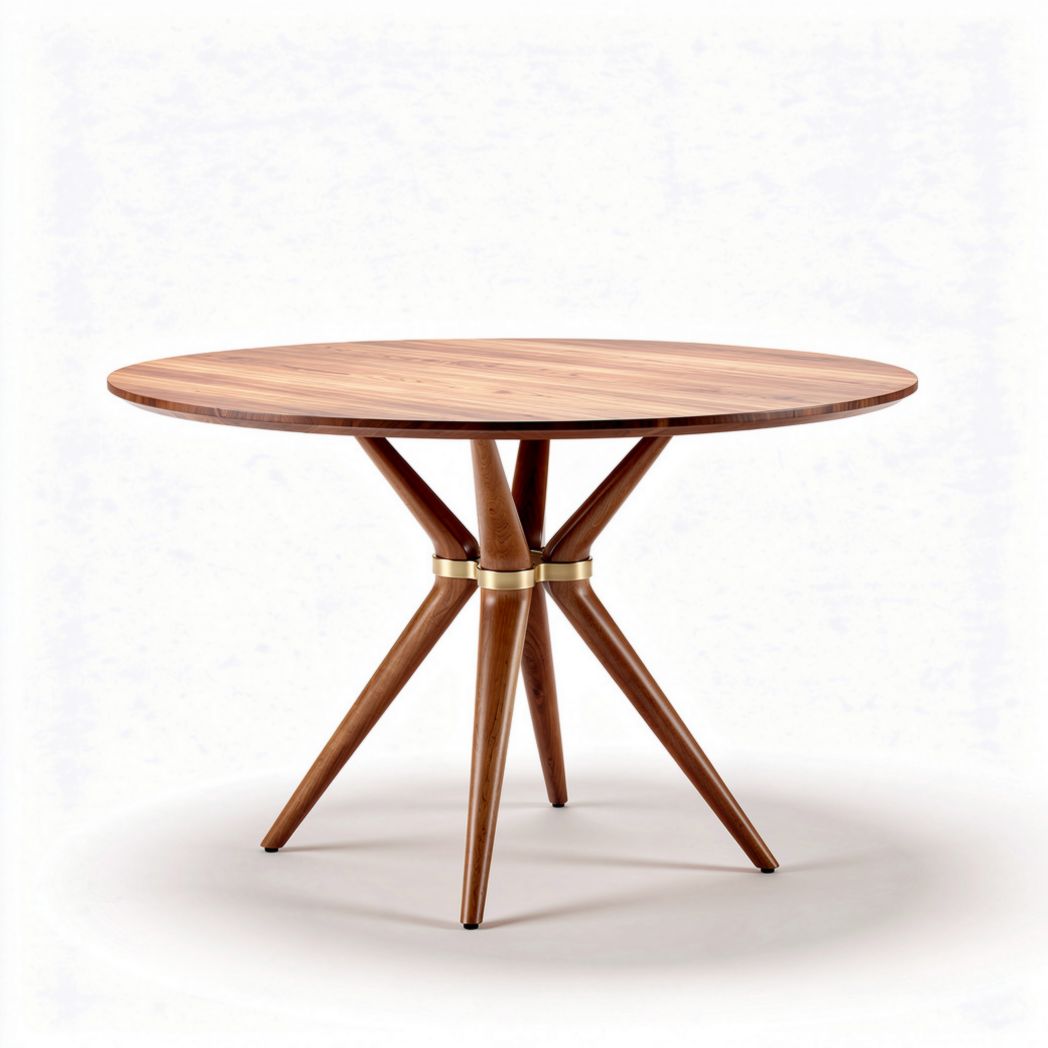 Round wooden dining table with tapered legs and brass accents 120 x 120 x 75cm