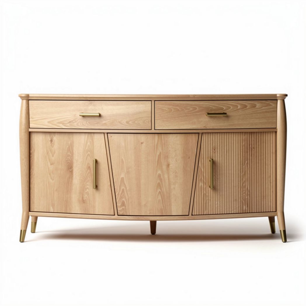 Natural wood sideboard with two drawers and adjustable shelves 160 x 40 x 80cm