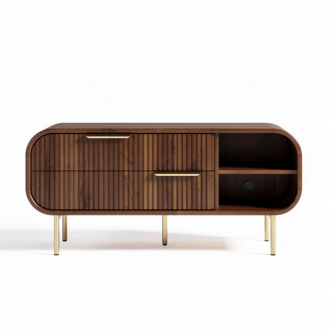 Wooden media console with storage compartments and metal legs 120 x 40 x 50cm