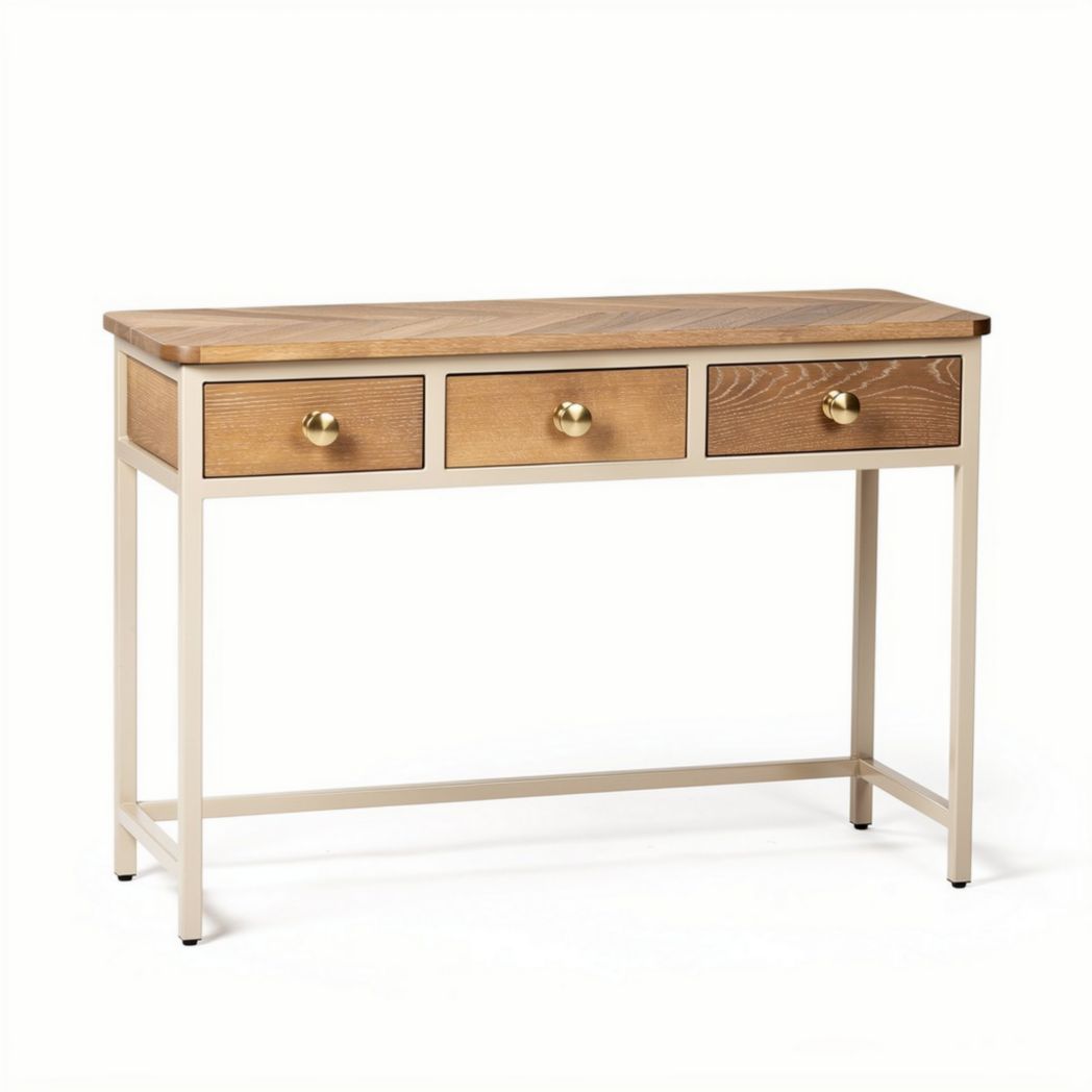 Wood and metal console table with three drawers 120 x 40 x 75cm