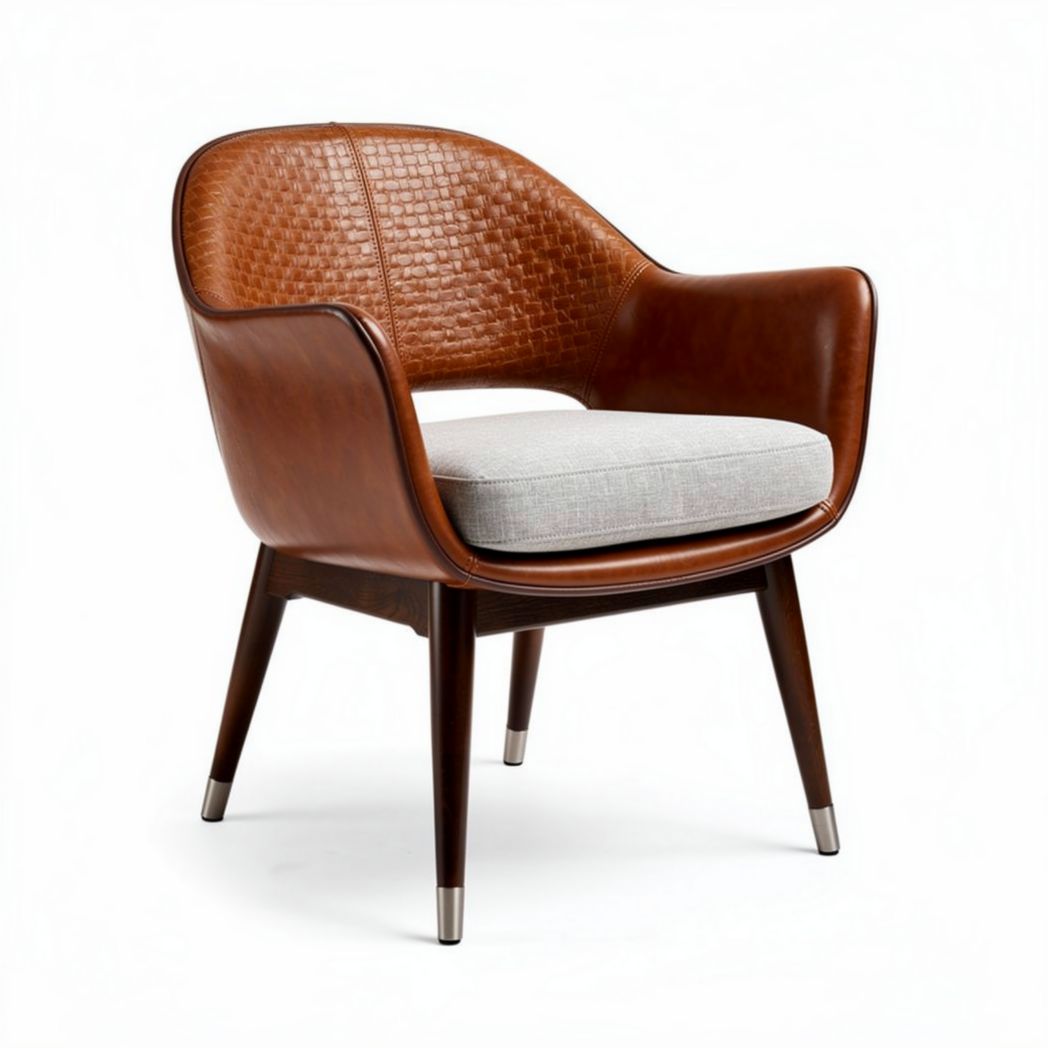 Leather accent chair with woven back and gray cushion 70 x 70 x 80cm