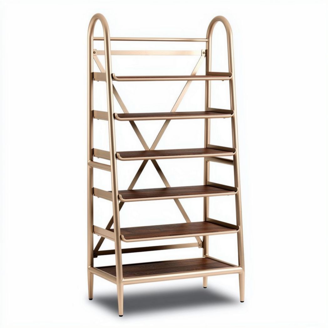 Wooden seven-tier shelf rack with metal frame for living room storage 140 x 60 x 30cm